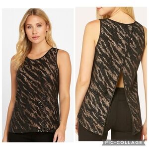 MM Couture Sequin Lace Split Back Sleeveless Top Small NWT Partywear Black